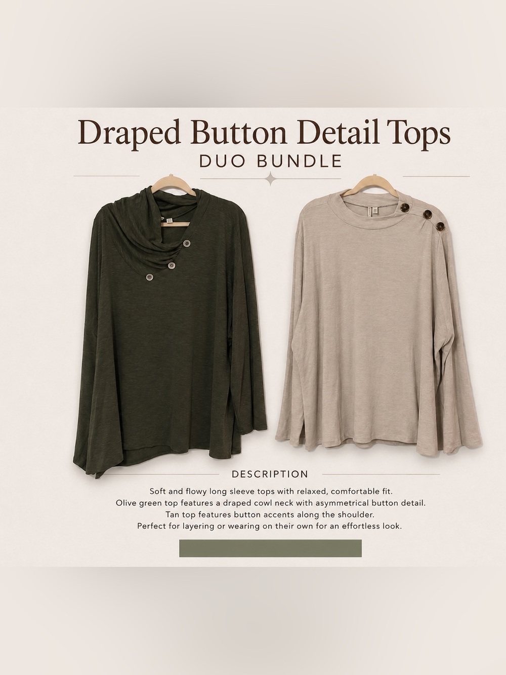 Women’s 26/28W Long Sleeve Top Bundle Olive & Beige Button Accent Plus Size